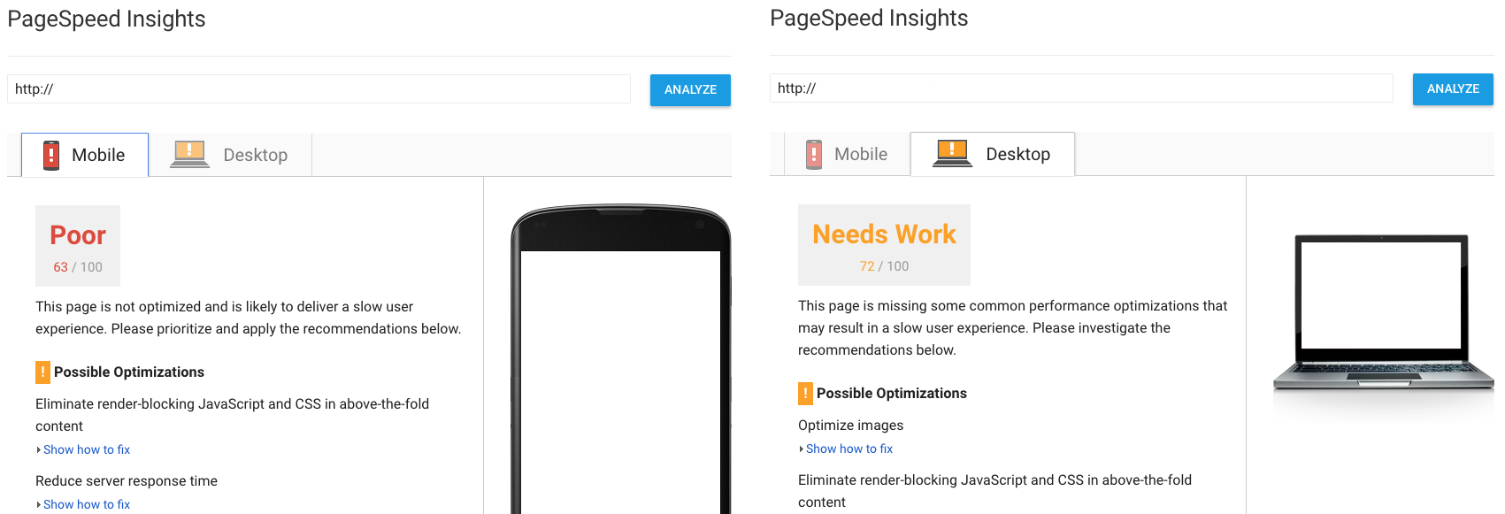 PageSpeed Insights Mobile & Desktop Results