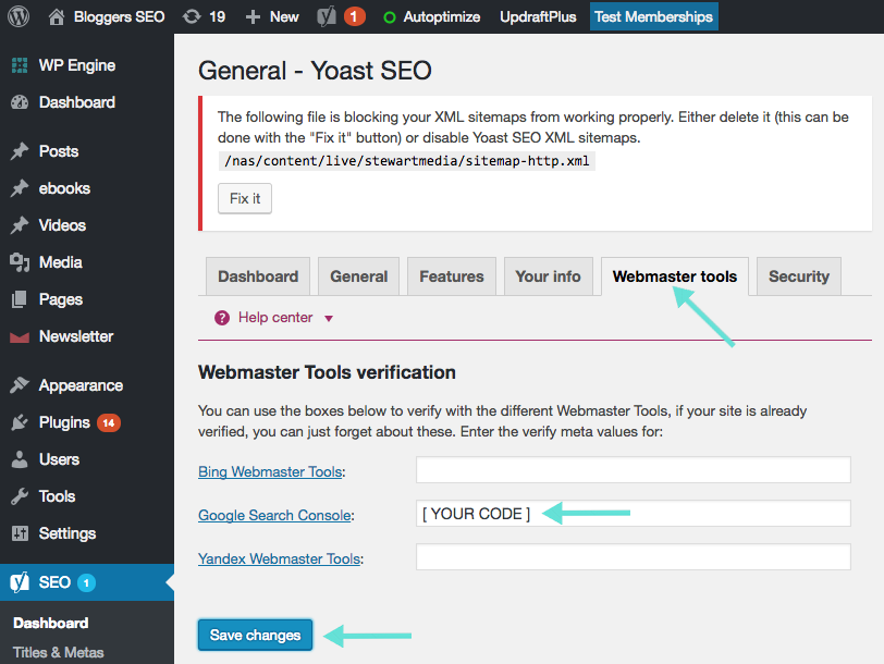 Connecting Search Console with Yoast